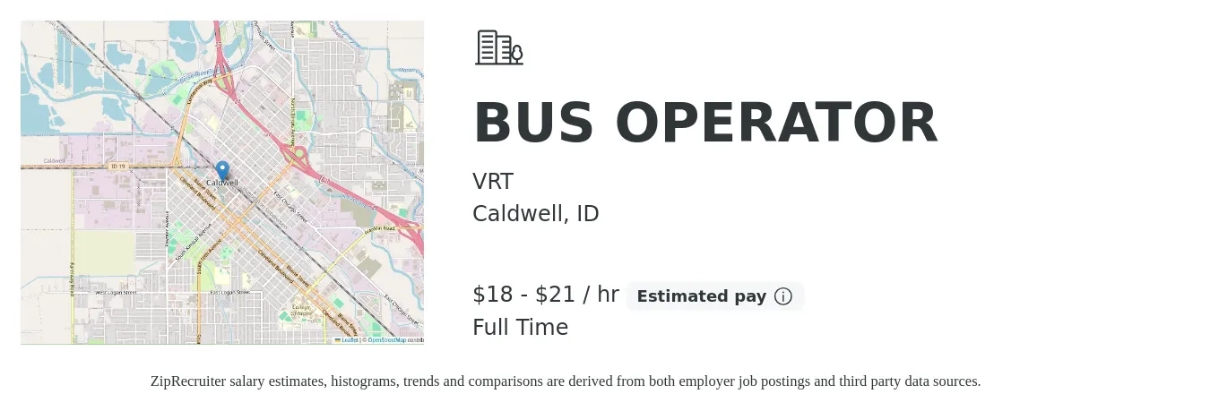 VRT job posting for a BUS OPERATOR in Caldwell, ID with a salary of $20 to $22 Hourly with a map of Caldwell location.