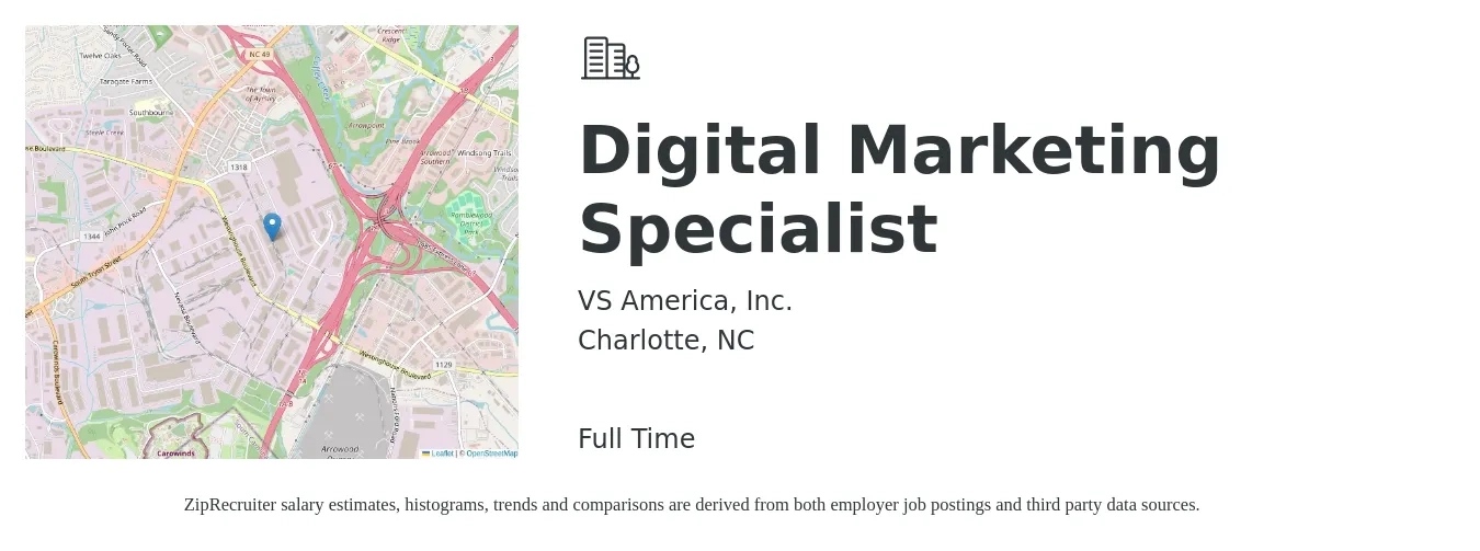 VS America, Inc. job posting for a Digital Marketing Specialist in Charlotte, NC with a salary of $48,800 to $72,700 Yearly with a map of Charlotte location.