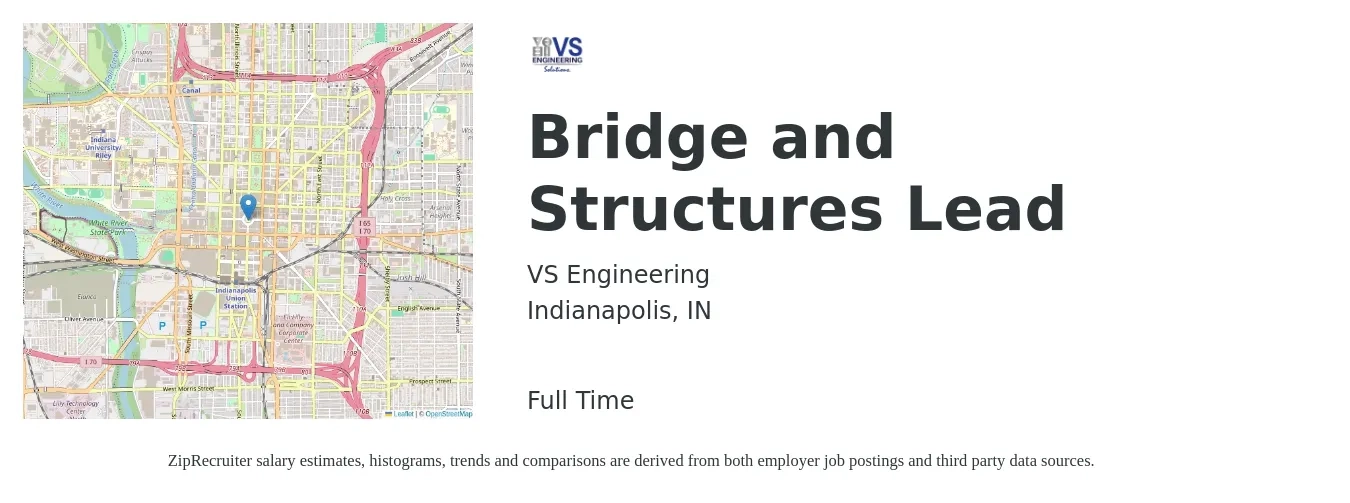 VS Engineering, Inc. job posting for a Bridge and Structures Lead in Indianapolis, IN with a salary of $88,400 to $112,300 Yearly with a map of Indianapolis location.