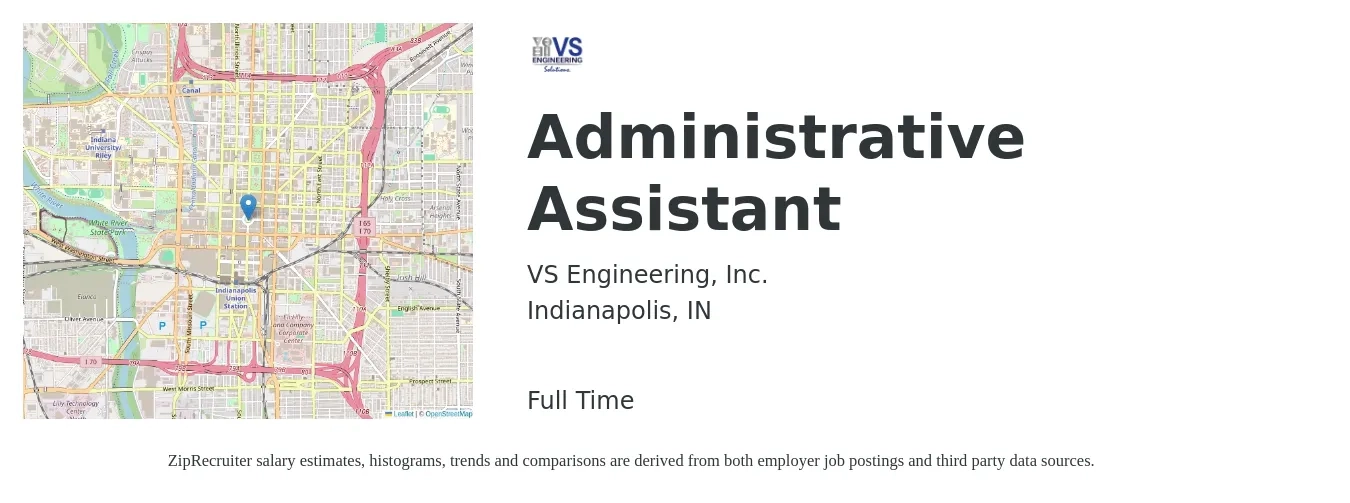 VS Engineering, Inc. job posting for a Administrative Assistant in Indianapolis, IN with a salary of $17 to $23 Hourly with a map of Indianapolis location.