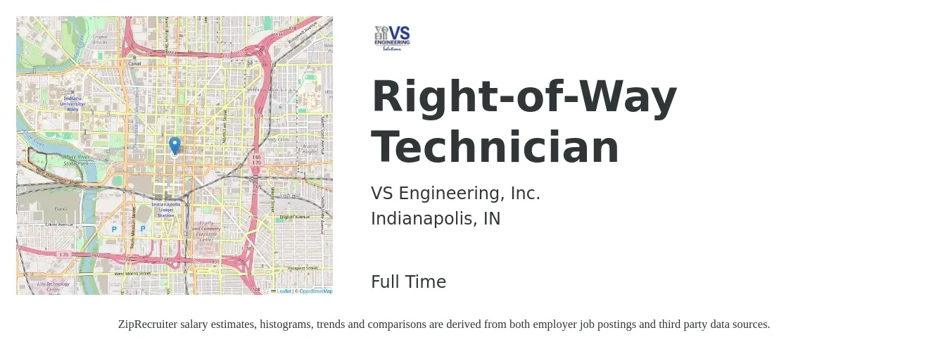 VS Engineering, Inc. job posting for a Right-of-Way Technician in Indianapolis, IN with a salary of $44,900 to $68,800 Yearly with a map of Indianapolis location.