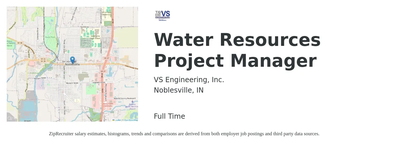 VS Engineering, Inc. job posting for a Water Resources Project Manager in Noblesville, IN with a salary of $101,000 to $135,700 Yearly with a map of Noblesville location.
