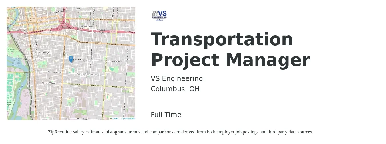 VS Engineering, Inc. job posting for a Transportation Project Manager in Columbus, OH with a salary of $80,100 to $121,800 Yearly with a map of Columbus location.
