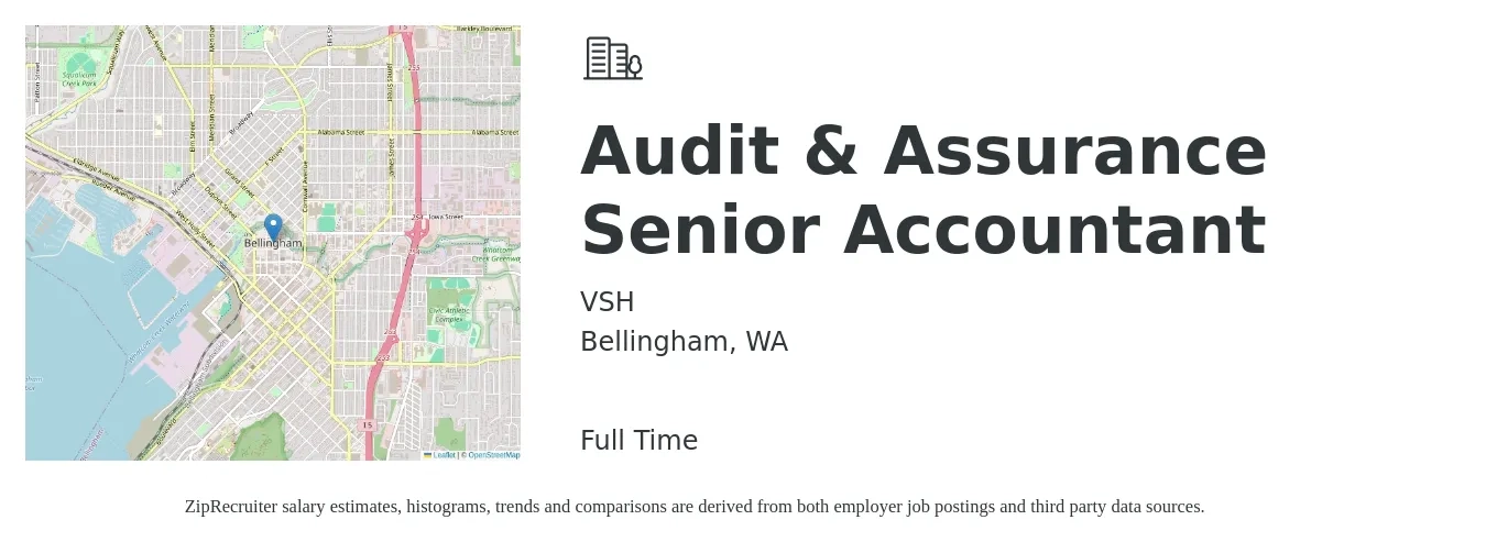 VSH job posting for a Audit & Assurance Senior Accountant in Bellingham, WA with a salary of $76,900 to $96,700 Yearly with a map of Bellingham location.