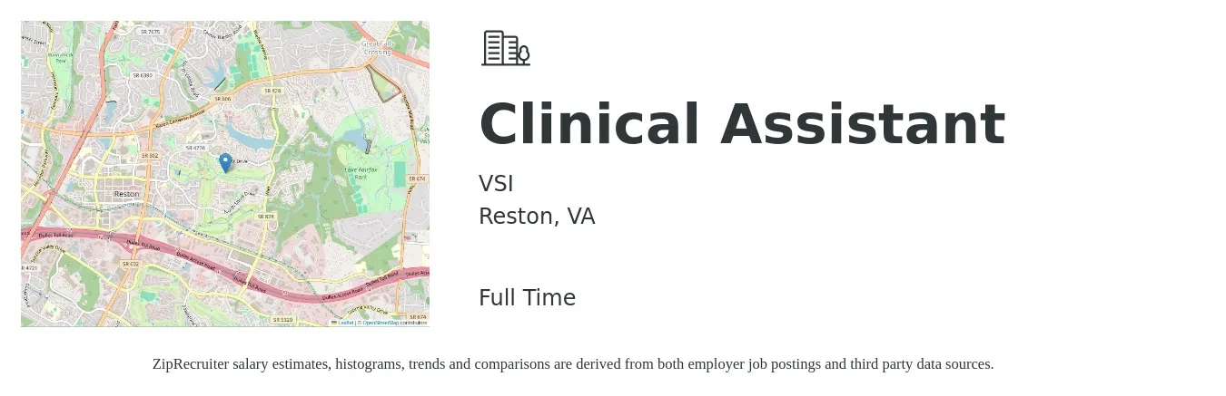 VSI job posting for a Clinical Assistant in Reston, VA with a salary of $18 to $26 Hourly with a map of Reston location.