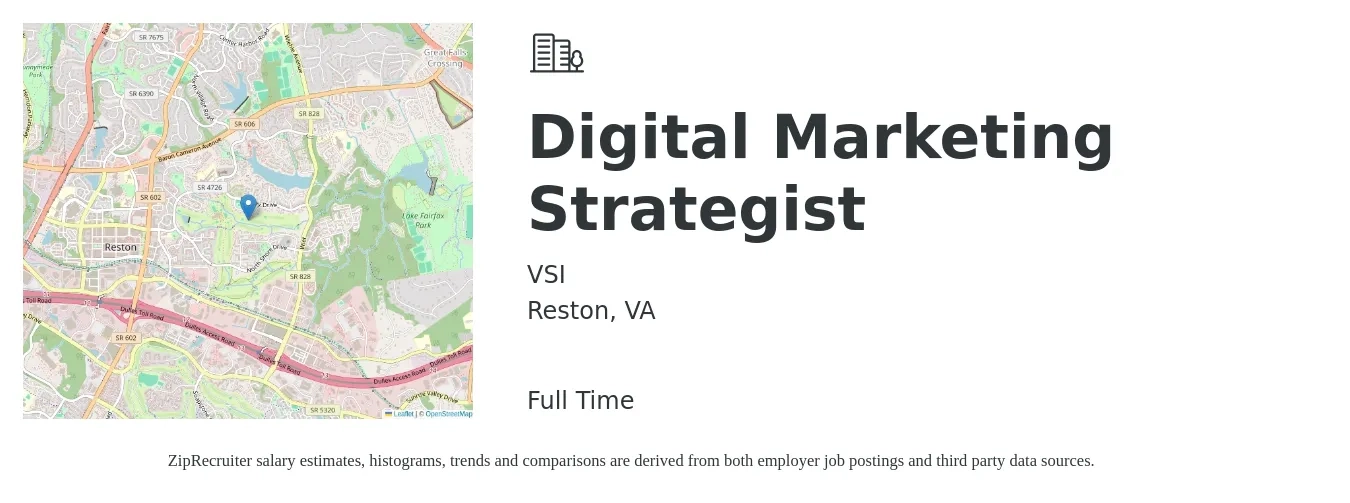 VSI job posting for a Digital Marketing Strategist in Reston, VA with a salary of $67,100 to $98,300 Yearly with a map of Reston location.