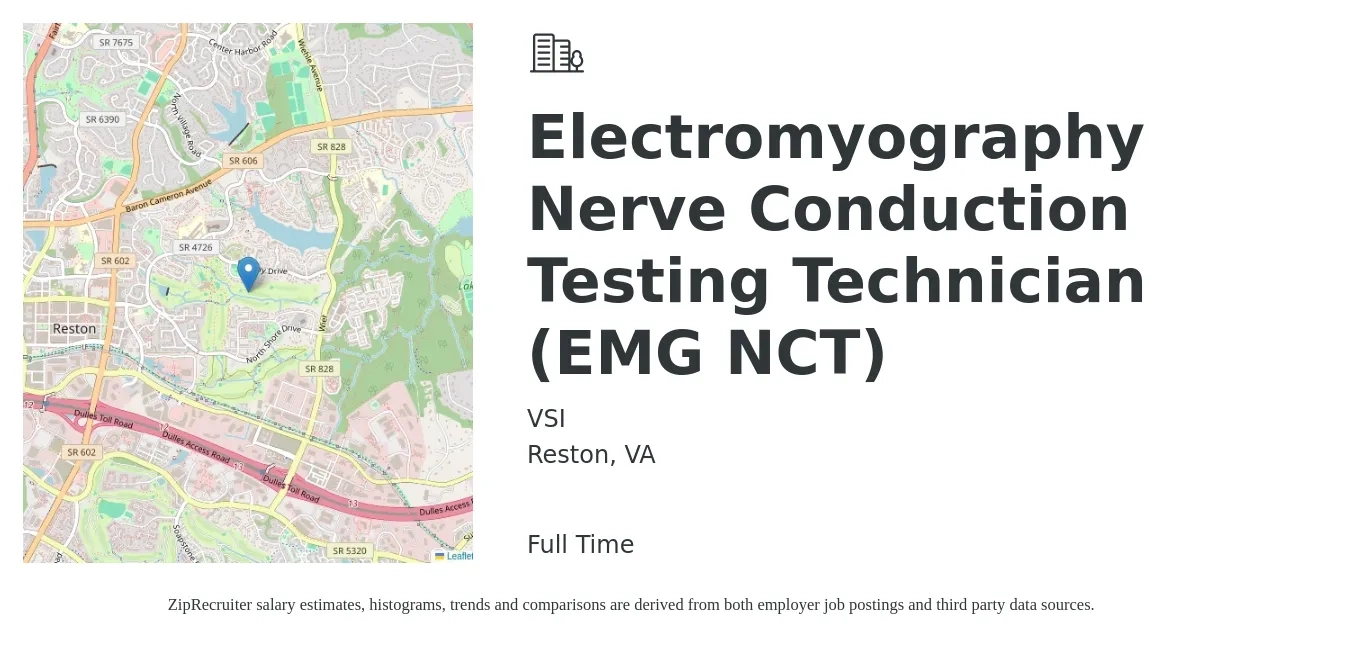 VSI job posting for a Electromyography Nerve Conduction Testing Technician (EMG NCT) in Reston, VA with a salary of $42,800 to $63,900 Yearly with a map of Reston location.