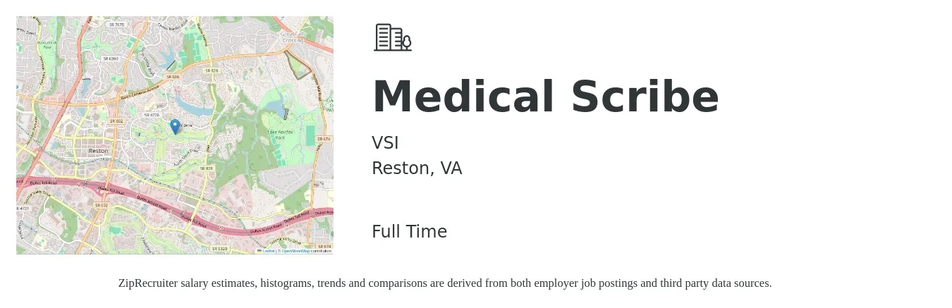 VSI job posting for a Medical Scribe in Reston, VA with a salary of $17 to $22 Hourly with a map of Reston location.