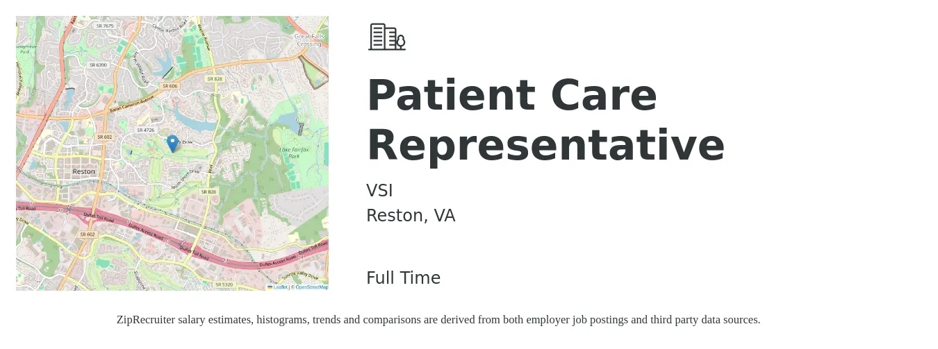 VSI job posting for a Patient Care Representative in Reston, VA with a salary of $18 to $22 Hourly with a map of Reston location.