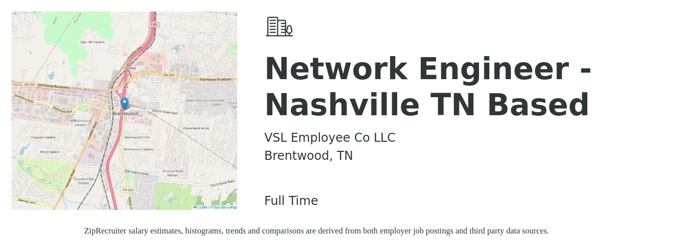 VSL Employee Co LLC job posting for a Network Engineer - Nashville TN Based in Brentwood, TN with a salary of $84,200 to $126,300 Yearly with a map of Brentwood location.