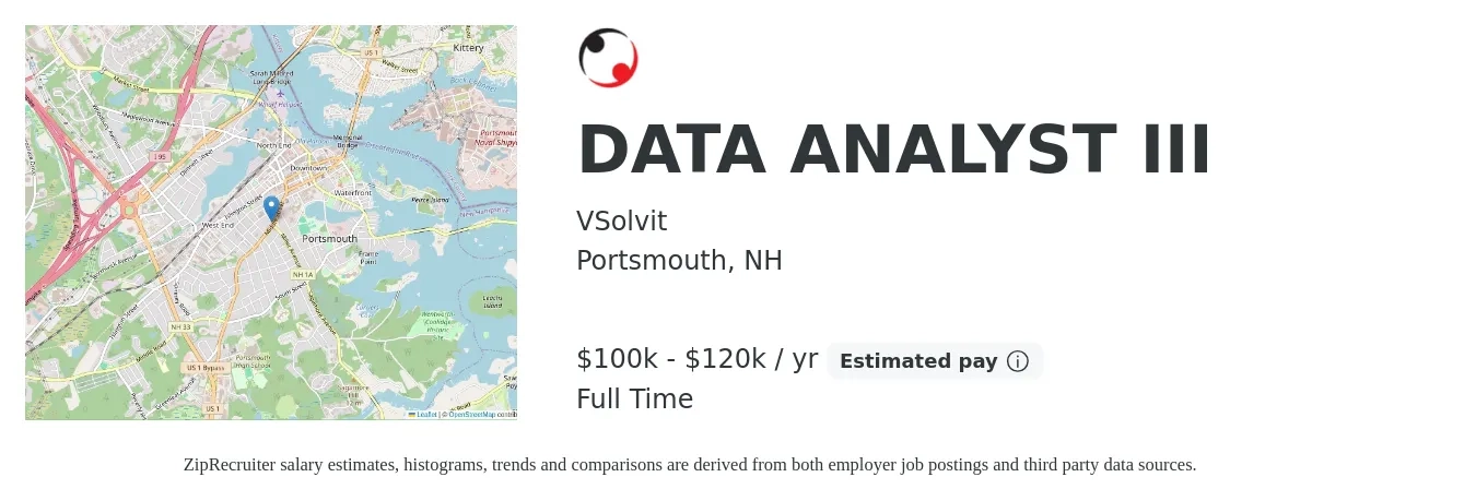 VSolvit job posting for a DATA ANALYST III in Portsmouth, NH with a salary of $100,000 to $120,000 Yearly with a map of Portsmouth location.