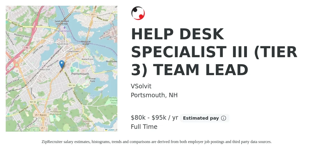 VSolvit job posting for a HELP DESK SPECIALIST III (TIER 3) TEAM LEAD in Portsmouth, NH with a salary of $80,000 to $95,000 Yearly with a map of Portsmouth location.