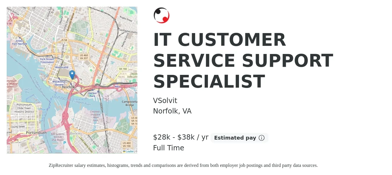 VSolvit job posting for a IT CUSTOMER SERVICE SUPPORT SPECIALIST in Norfolk, VA with a salary of $28,000 to $38,000 Yearly with a map of Norfolk location.