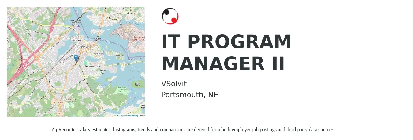 VSolvit job posting for a IT PROGRAM MANAGER II in Portsmouth, NH with a salary of $130,000 to $150,000 Yearly with a map of Portsmouth location.