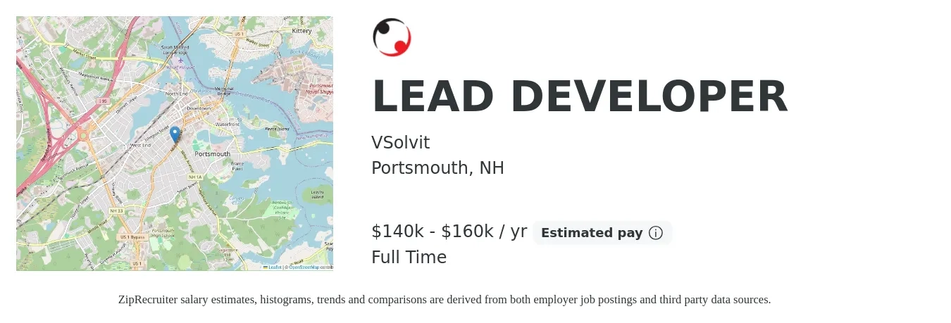 VSolvit job posting for a LEAD DEVELOPER in Portsmouth, NH with a salary of $140,000 to $160,000 Yearly with a map of Portsmouth location.