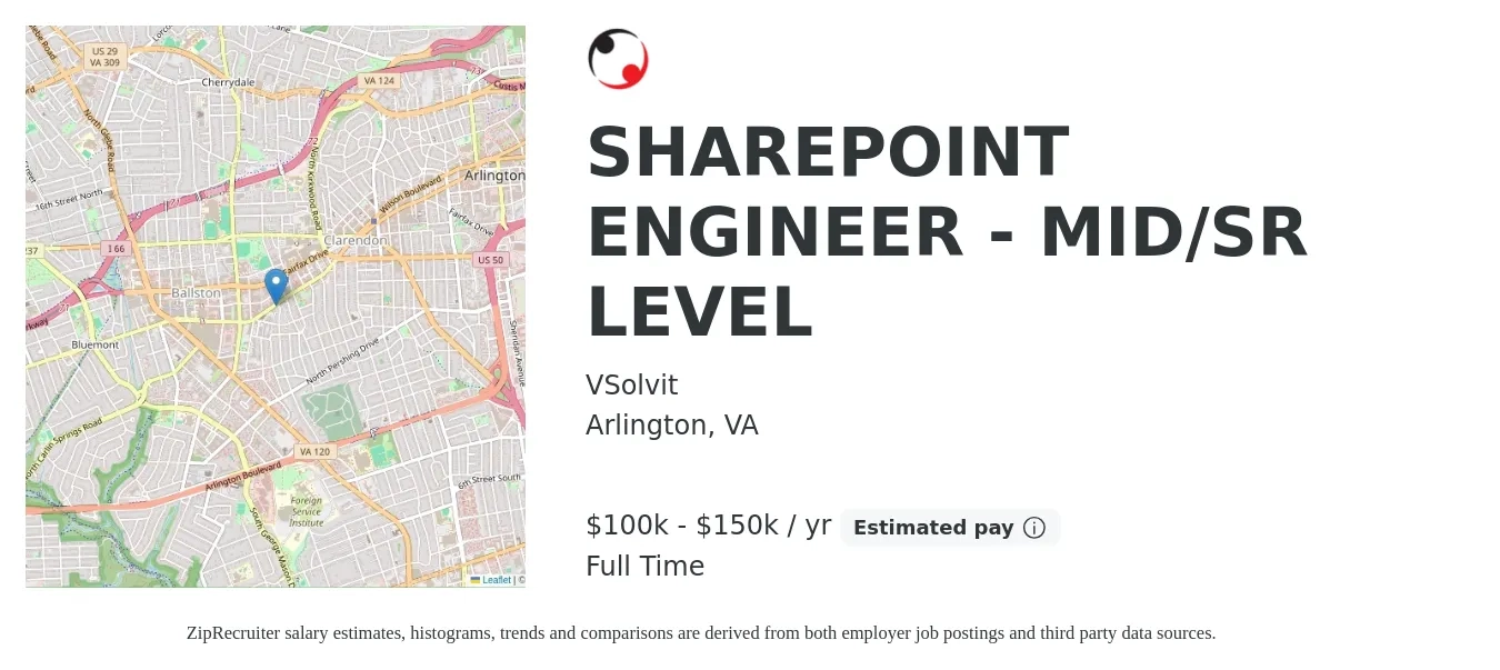 VSolvit job posting for a SHAREPOINT ENGINEER - MID/SR LEVEL in Arlington, VA with a salary of $100,000 to $150,000 Yearly with a map of Arlington location.