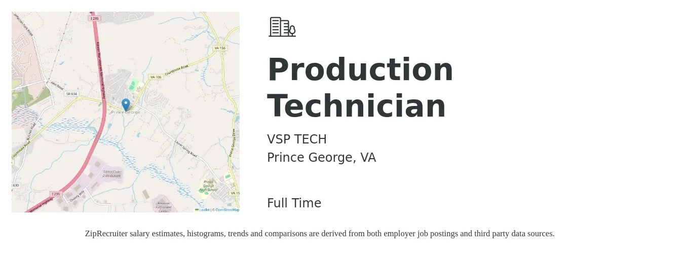 VSP TECH job posting for a Production Technician in Prince George, VA with a salary of $17 to $21 Hourly with a map of Prince George location.