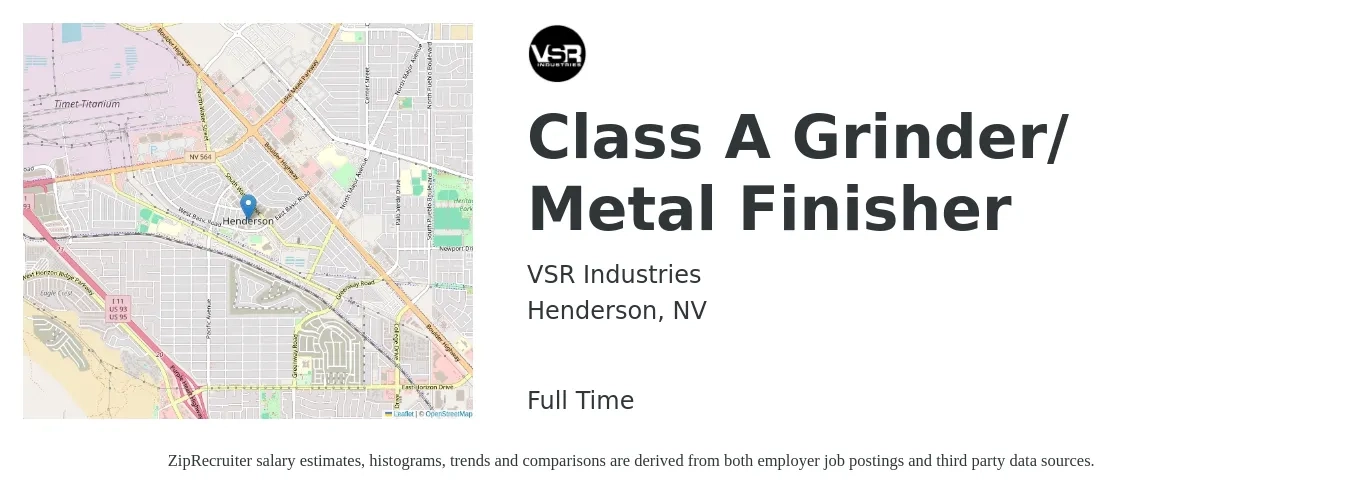 VSR Industries job posting for a Class A Grinder/ Metal Finisher in Henderson, NV with a salary of $16 to $19 Hourly with a map of Henderson location.