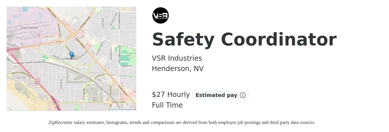 VSR Industries job posting for a Safety Coordinator in Henderson, NV with a salary of $29 to $29 Hourly with a map of Henderson location.