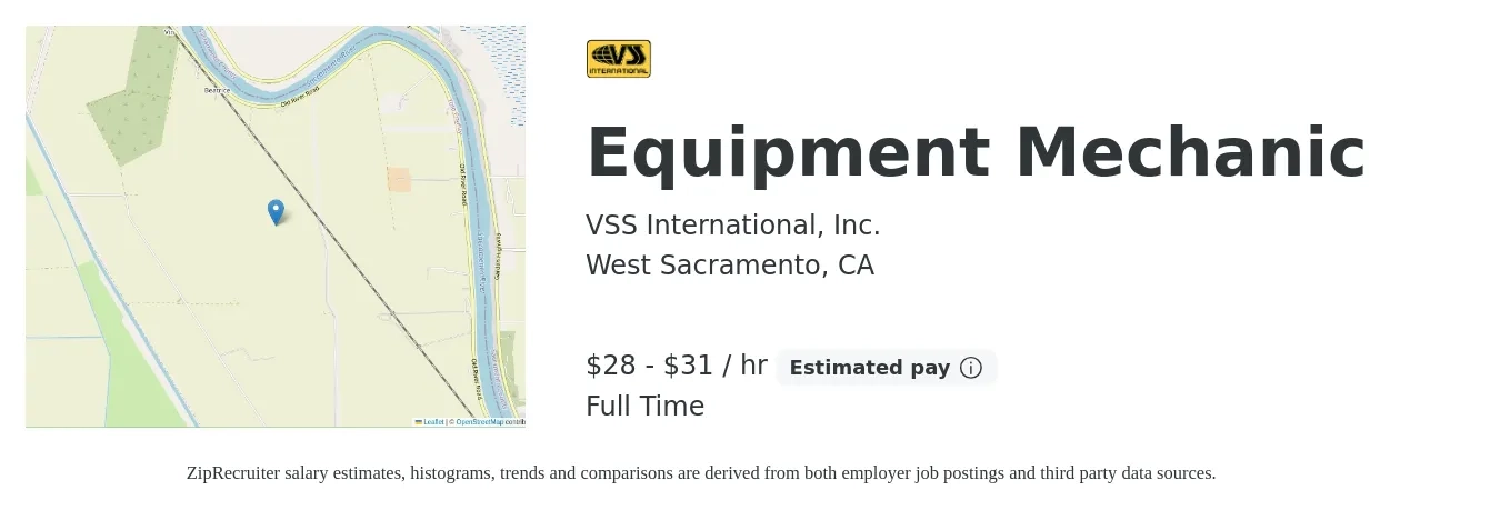 VSS International, Inc. job posting for a Equipment Mechanic in West Sacramento, CA with a salary of $30 to $33 Hourly with a map of West Sacramento location.