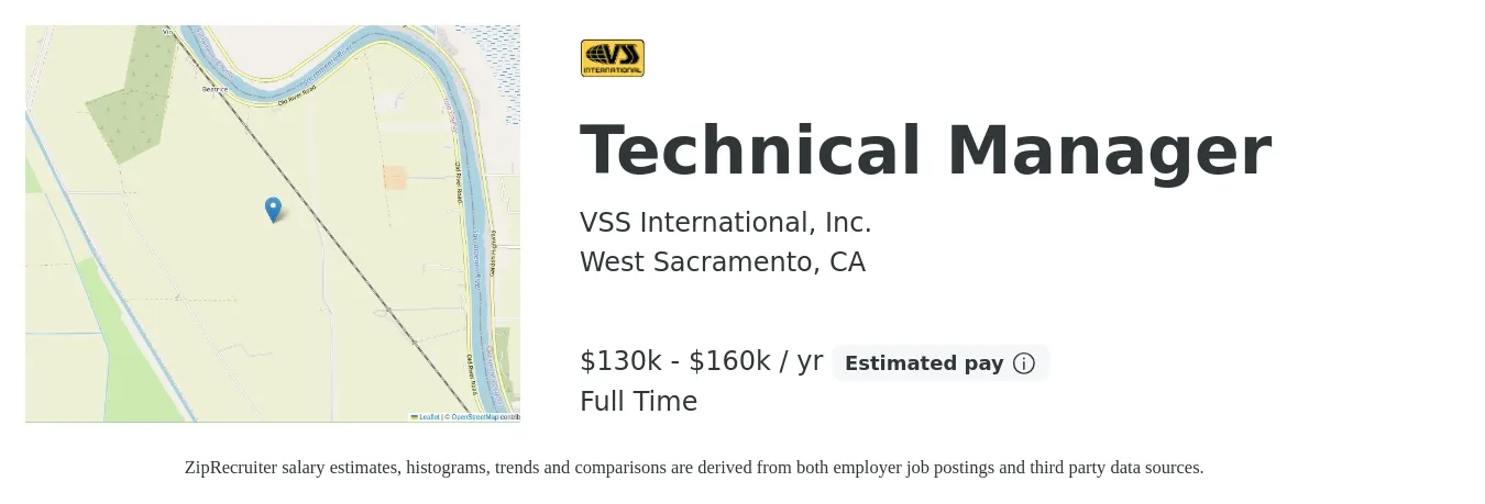 VSS International, Inc. job posting for a Technical Manager in West Sacramento, CA with a salary of $130,000 to $160,000 Yearly with a map of West Sacramento location.