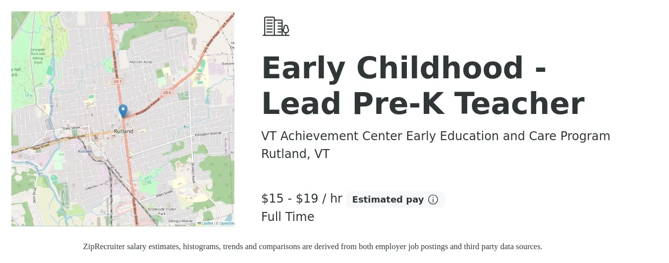 VT Achievement Center Early Education and Care Program job posting for a Early Childhood - Lead Pre-K Teacher in Rutland, VT with a salary of $16 to $20 Hourly with a map of Rutland location.