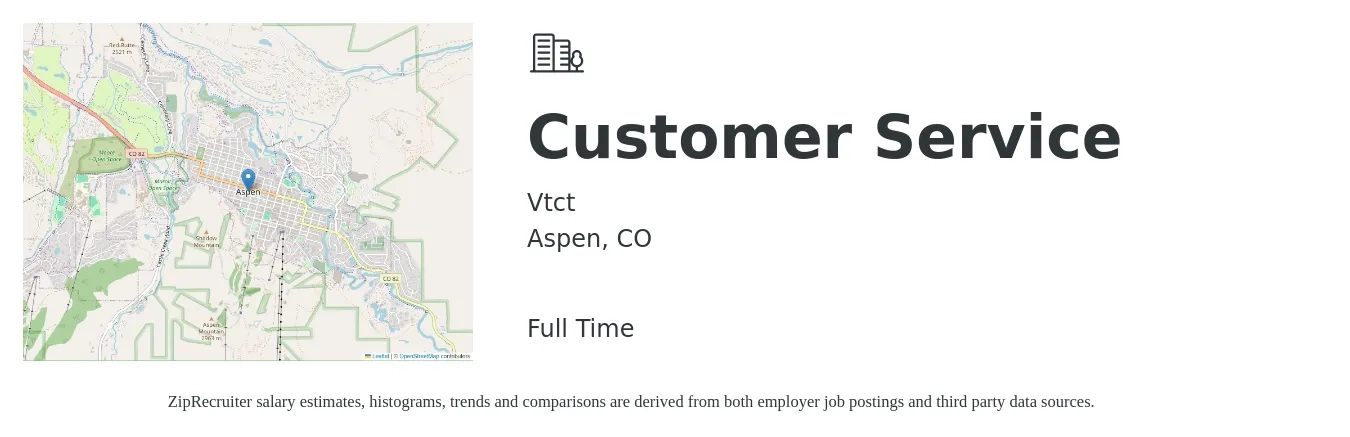 Vtct job posting for a Customer Service in Aspen, CO with a salary of $19 to $26 Hourly with a map of Aspen location.