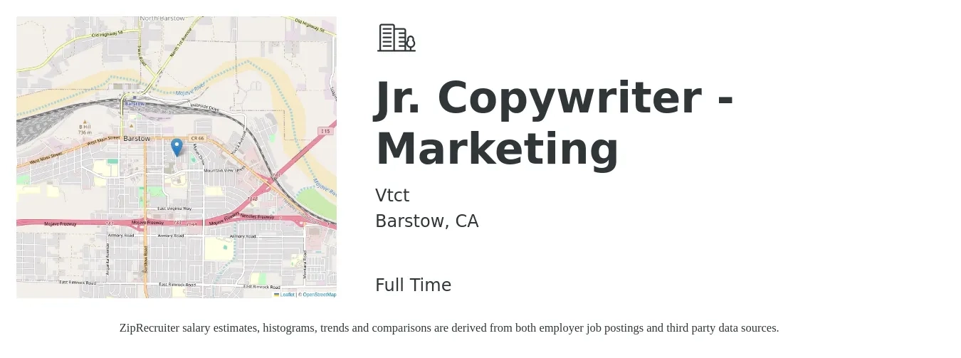 Vtct job posting for a Jr. Copywriter - Marketing in Barstow, CA with a salary of $20 to $27 Hourly with a map of Barstow location.