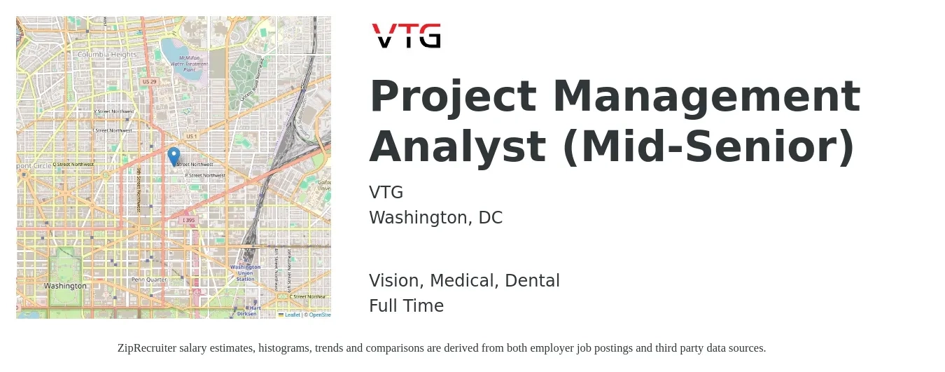 VTG job posting for a Project Management Analyst (Mid-Senior) in Washington, DC with a salary of $30 to $52 Hourly and benefits including dental, life_insurance, medical, pto, retirement, and vision with a map of Washington location.