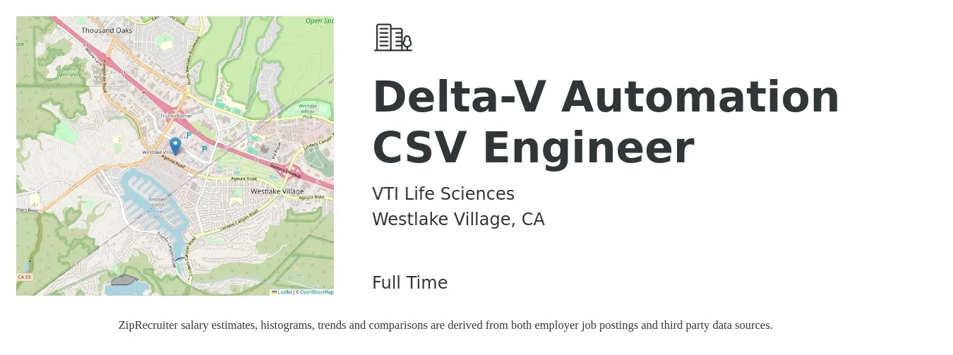VTI Life Sciences job posting for a Delta-V Automation CSV Engineer in Westlake Village, CA with a salary of $95,000 to $125,000 Yearly with a map of Westlake Village location.