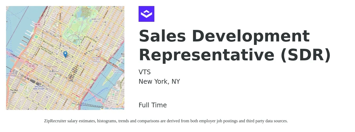 VTS job posting for a Sales Development Representative (SDR) in New York, NY with a salary of $45,900 to $66,700 Yearly with a map of New York location.