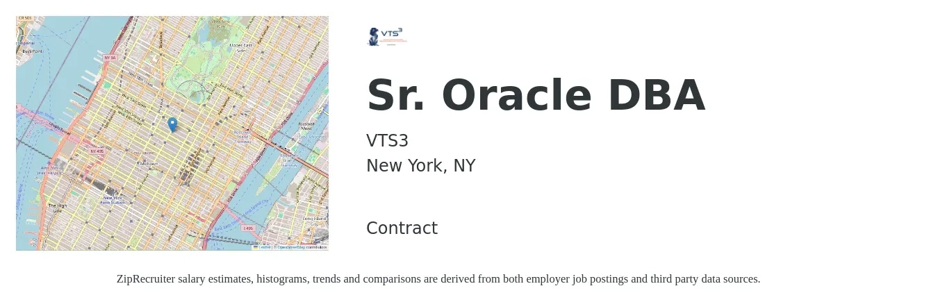 VTS3 job posting for a Sr. Oracle DBA in New York, NY with a salary of $500 Weekly with a map of New York location.