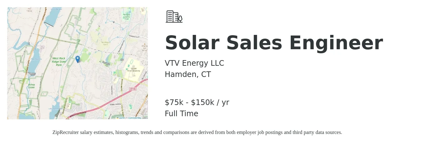 VTV Energy LLC job posting for a Solar Sales Engineer in Hamden, CT with a salary of $75,000 to $150,000 Yearly with a map of Hamden location.