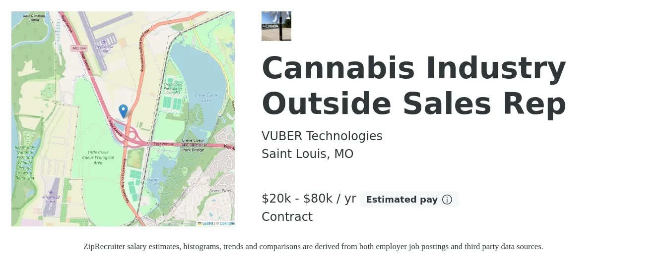 VUBER Technologies job posting for a Cannabis Industry Outside Sales Rep in Saint Louis, MO with a salary of $20,000 to $80,000 Yearly with a map of Saint Louis location.