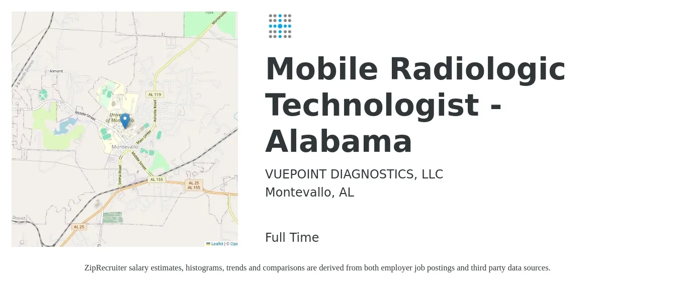 VUEPOINT DIAGNOSTICS, LLC job posting for a Mobile Radiologic Technologist - Alabama in Montevallo, AL with a salary of $1,180 to $2,450 Weekly with a map of Montevallo location.