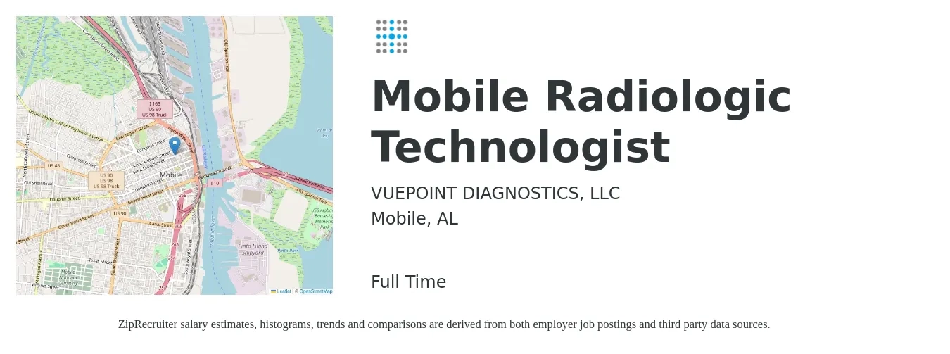 VUEPOINT DIAGNOSTICS, LLC job posting for a Mobile Radiologic Technologist in Mobile, AL with a salary of $1,190 to $2,470 Weekly with a map of Mobile location.