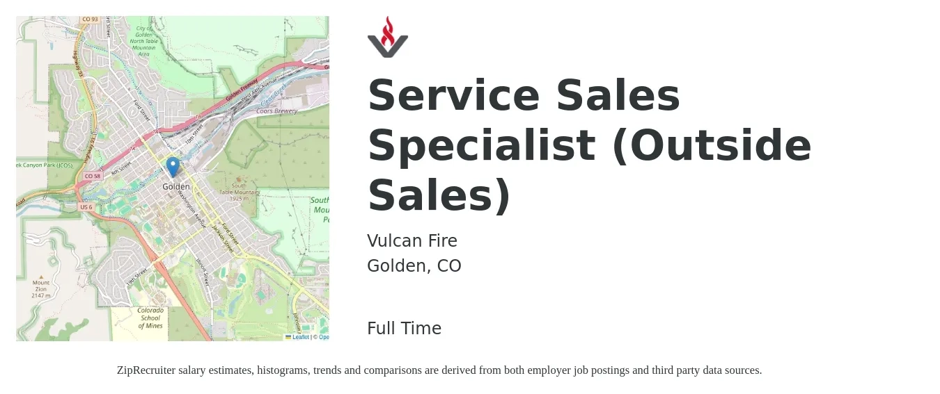 Vulcan Fire job posting for a Service Sales Specialist (Outside Sales) in Golden, CO with a salary of $54,200 to $92,900 Yearly with a map of Golden location.