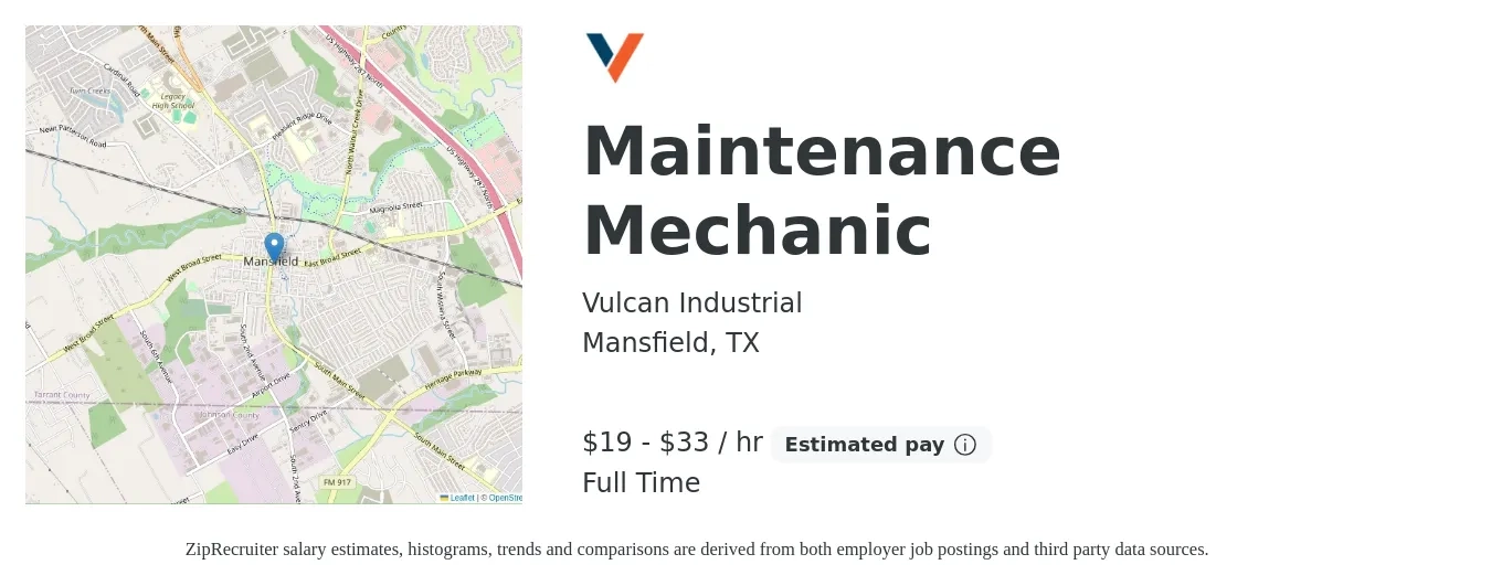 Vulcan Industrial job posting for a Maintenance Mechanic in Mansfield, TX with a salary of $20 to $35 Hourly with a map of Mansfield location.