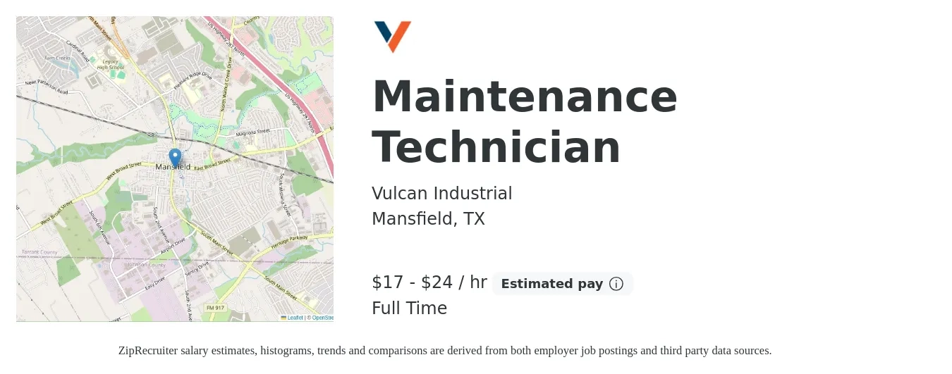Vulcan Industrial job posting for a Maintenance Technician in Mansfield, TX with a salary of $18 to $25 Hourly with a map of Mansfield location.