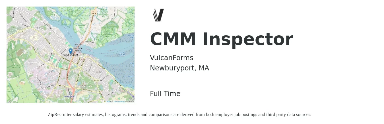 VulcanForms job posting for a CMM Inspector in Newburyport, MA with a salary of $26 to $34 Hourly with a map of Newburyport location.