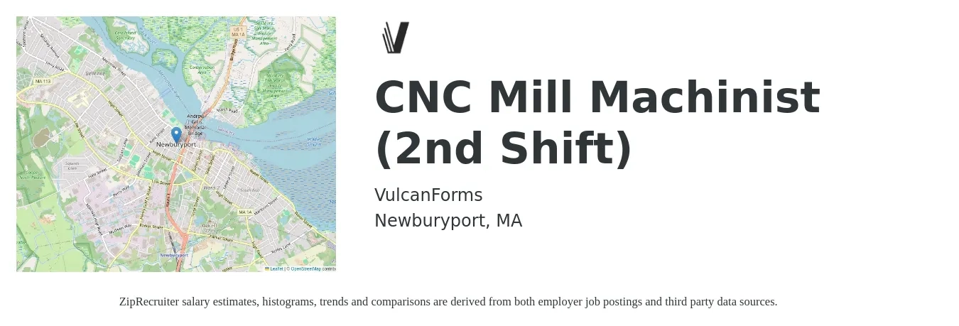 VulcanForms job posting for a CNC Mill Machinist (2nd Shift) in Newburyport, MA with a salary of $22 to $30 Hourly with a map of Newburyport location.