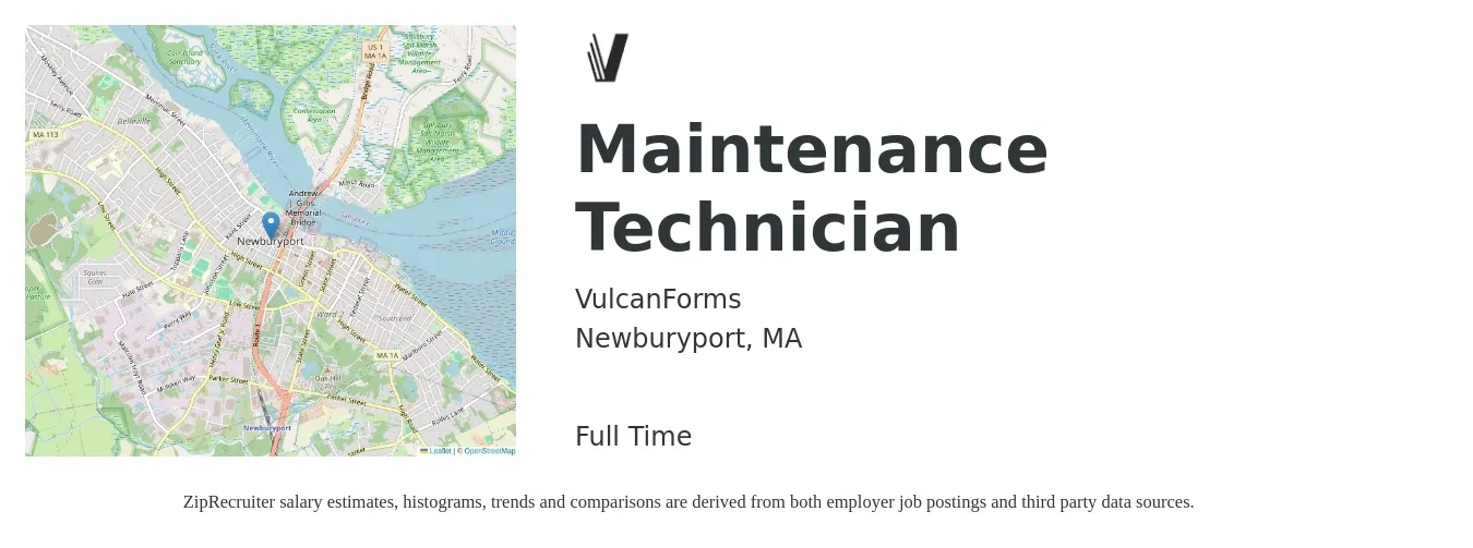 VulcanForms job posting for a Maintenance Technician in Newburyport, MA with a salary of $20 to $28 Hourly with a map of Newburyport location.