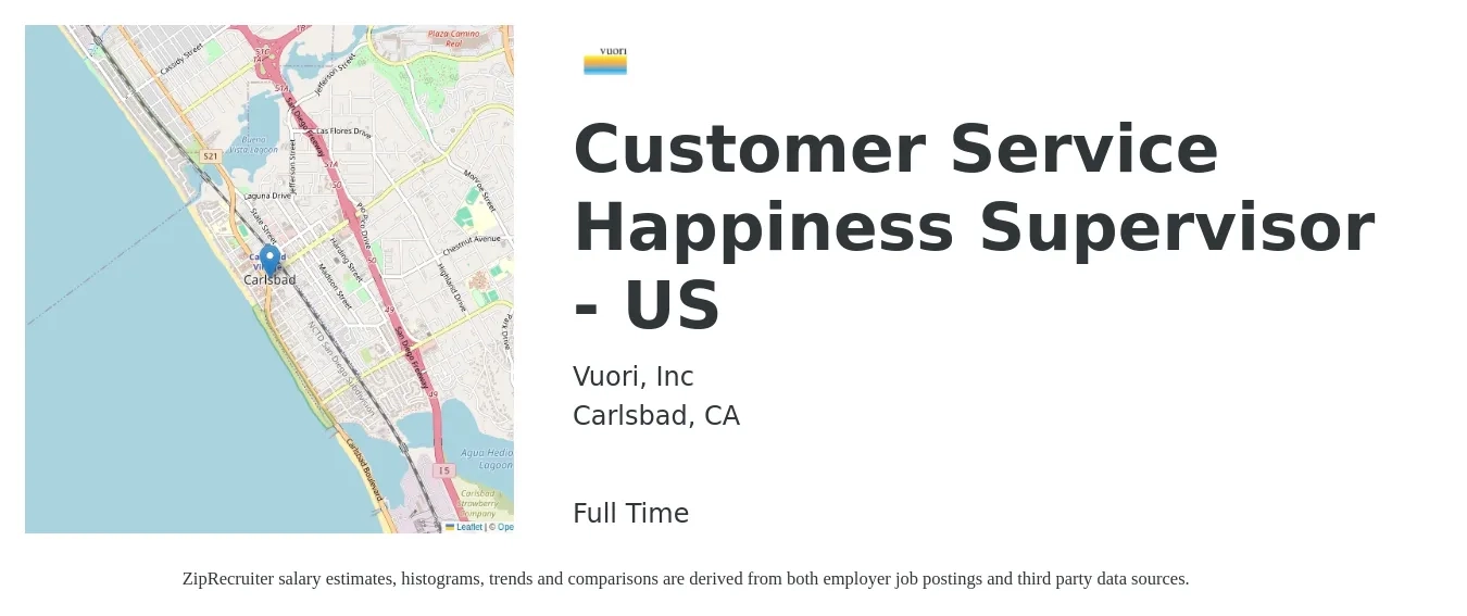 Vuori, Inc job posting for a Customer Service Happiness Supervisor - US in Carlsbad, CA with a salary of $29 to $31 Hourly with a map of Carlsbad location.
