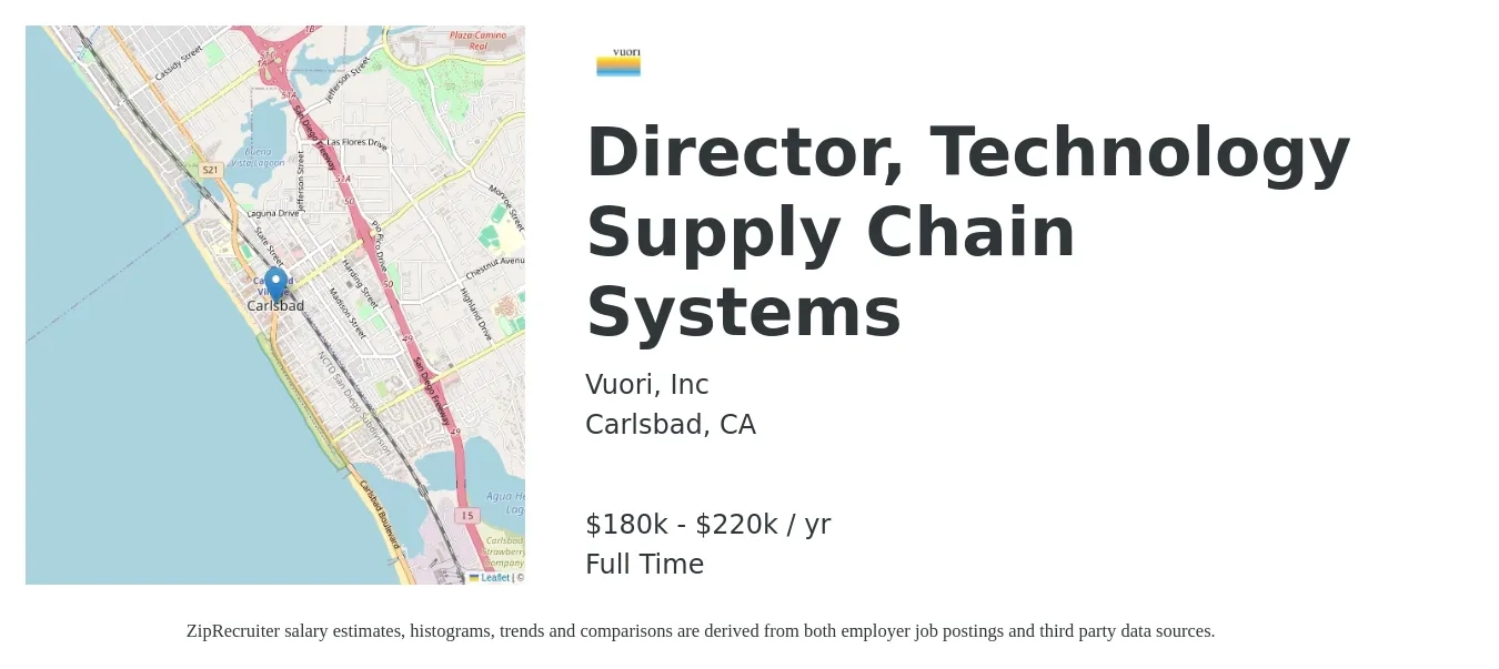 Vuori, Inc job posting for a Director, Technology Supply Chain Systems in Carlsbad, CA with a salary of $180,000 to $220,000 Yearly with a map of Carlsbad location.