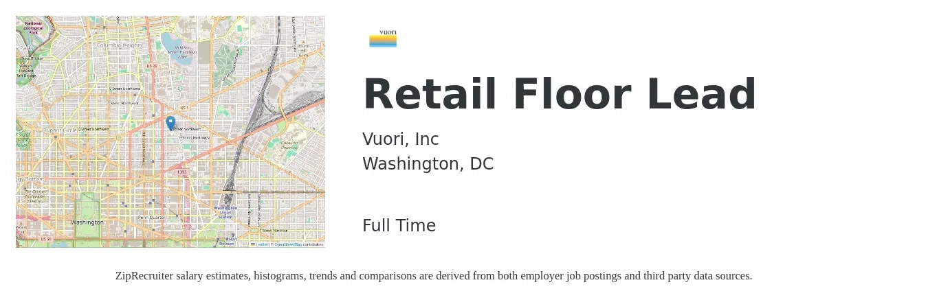 Vuori, Inc job posting for a Retail Floor Lead in Washington, DC with a salary of $23 to $25 Hourly with a map of Washington location.