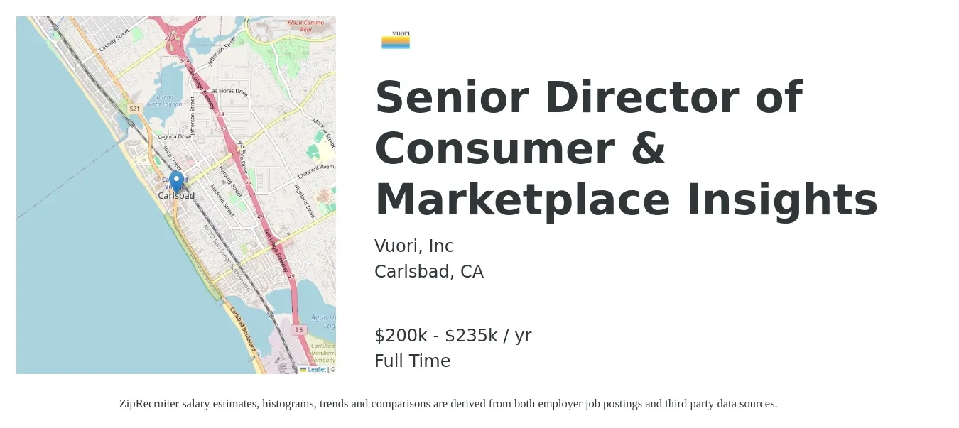 Vuori, Inc job posting for a Senior Director of Consumer & Marketplace Insights in Carlsbad, CA with a salary of $200,000 to $235,000 Yearly with a map of Carlsbad location.