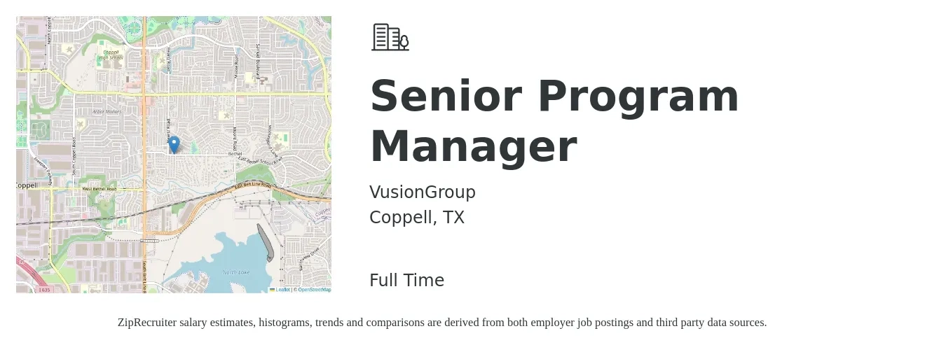 VusionGroup job posting for a Senior Program Manager in Coppell, TX with a salary of $107,800 to $108,300 Yearly with a map of Coppell location.