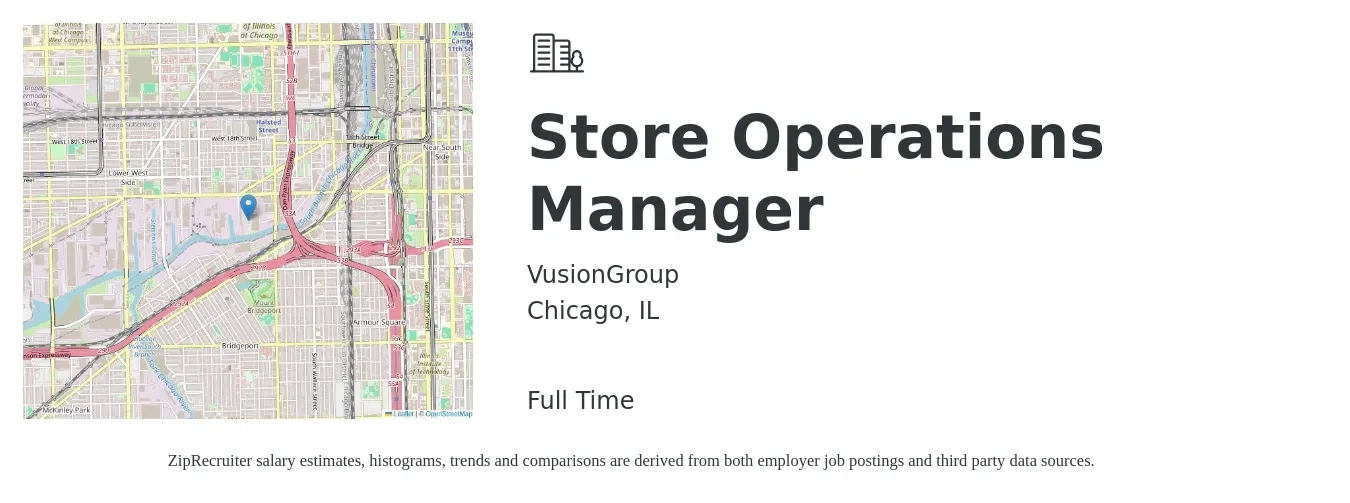 VusionGroup job posting for a Store Operations Manager in Chicago, IL with a salary of $22 to $32 Hourly with a map of Chicago location.