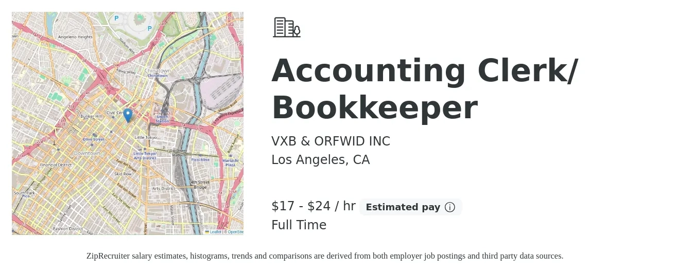 VXB & ORFWID INC job posting for a Accounting Clerk/ Bookkeeper in Los Angeles, CA with a salary of $18 to $25 Hourly with a map of Los Angeles location.
