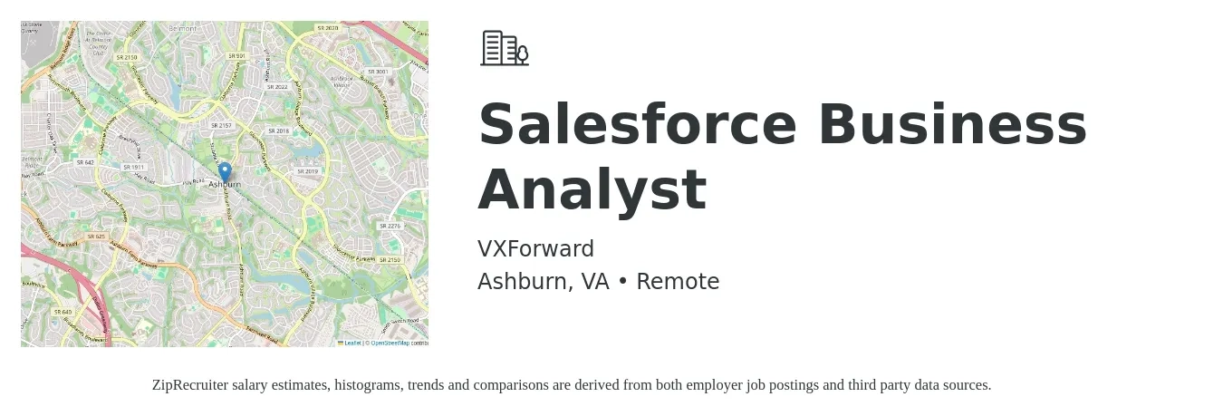 VXForward job posting for a Salesforce Business Analyst in Ashburn, VA with a salary of $52 to $72 Hourly with a map of Ashburn location.